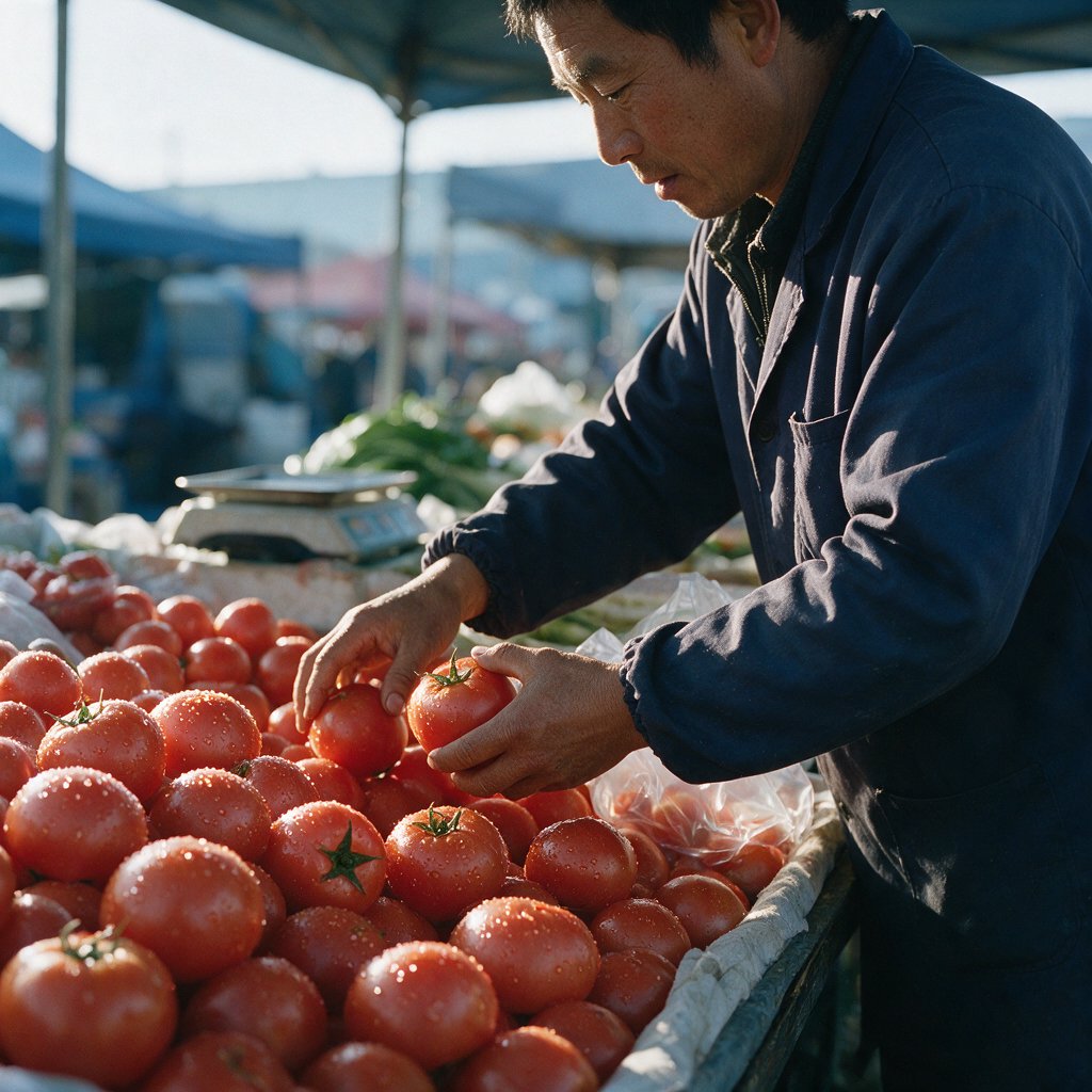 Candid documentary photograph of an adult market vendor arranging ripe tomatoes at an outdoor produce stall, cool early-morning side light, 50mm lens with shallow depth of field, condensation droplets beading on the tomato skins. — Seedream 5.0 Pro