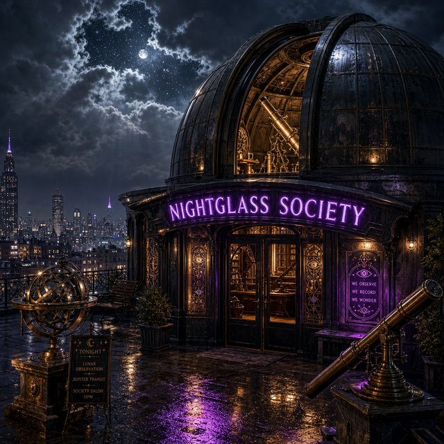 On a rain-darkened rooftop observatory, brass instruments gleam beneath a sliding dome while clouds part above the city; "NIGHTGLASS SOCIETY" glows in violet neon along the entrance canopy. — GPT Image 2