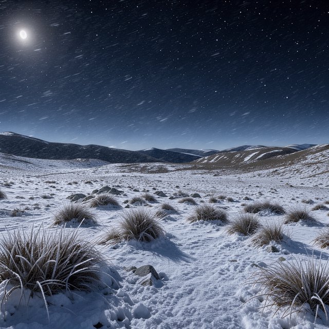 Moonlight washes a snowbound high plateau beneath sharp stars, while dry flurries cross the midnight air; frost feathers the foreground tussocks, and dark, rolling ridgelines recede into a blue-black distance. — FLUX 3 Image Klein