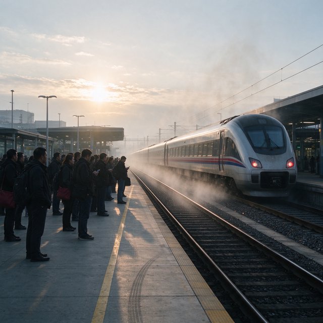 Across a broad station platform, adult commuters wait in loose clusters as a train approaches through pale dawn haze. A real-world press photograph uses a 135mm lens and deep focus; fine brake dust hangs in the sunlit air. — Seedream 5.0 Flash