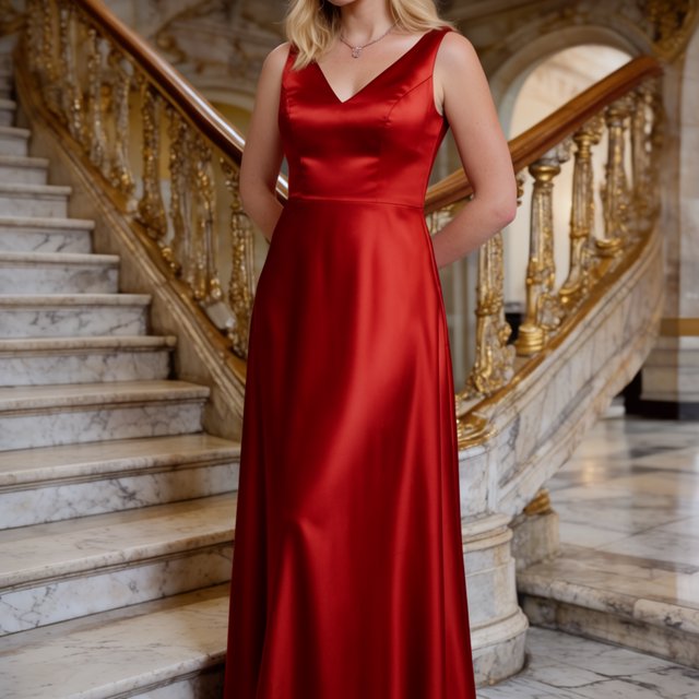 An adult woman in a floor-length red satin evening gown on a marble staircase, soft key light, confident pose, magazine cover style. — Krea 2 Large