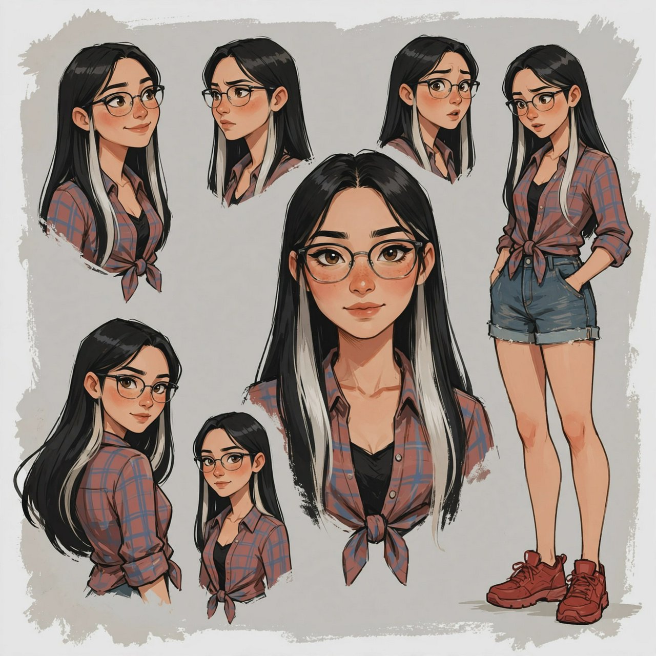 Character exploration sheet of the same woman: several bust and waist-up studies with varied expressions and 3/4 views, including one from behind, glancing over her shoulder at the viewer; one larger central portrait; and one full-length figure at the side, spanning the image height. Plain light-gray background with irregular painted edges. Character: 25-year-old Korean woman with long straight black hair and two platinum face-framing streaks from roots to ends, glasses, tipped almond eyes, Asian skin tone, plaid button-up tied at the waist, cuffed denim shorts, chunky red sneakers. Style: stylized semi-realistic digital painting; animation-inspired proportions, large eyes, strong brows, simplified but solid anatomy, painterly shape-based rendering, minimal linework, soft facial shading, angular clothing brushwork, warm luminous skin with peach/terracotta undertones and rosy cheeks/nose, sculpted hair, muted charcoal/earth palette, soft studio light, loose unfinished edges. — Muse Image 1.0