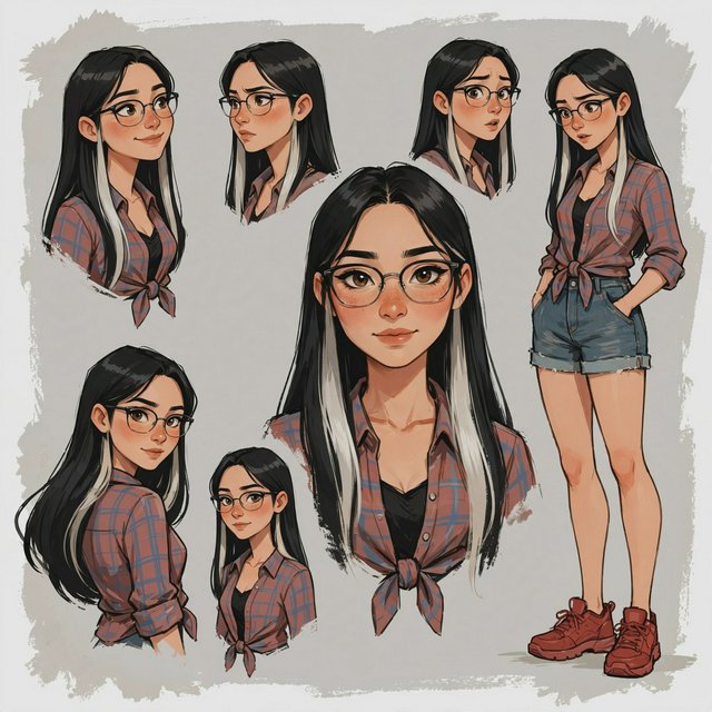 Character exploration sheet of the same woman: several bust and waist-up studies with varied expressions and 3/4 views, including one from behind, glancing over her shoulder at the viewer; one larger central portrait; and one full-length figure at the side, spanning the image height. Plain light-gray background with irregular painted edges. Character: 25-year-old Korean woman with long straight black hair and two platinum face-framing streaks from roots to ends, glasses, tipped almond eyes, Asian skin tone, plaid button-up tied at the waist, cuffed denim shorts, chunky red sneakers. Style: stylized semi-realistic digital painting; animation-inspired proportions, large eyes, strong brows, simplified but solid anatomy, painterly shape-based rendering, minimal linework, soft facial shading, angular clothing brushwork, warm luminous skin with peach/terracotta undertones and rosy cheeks/nose, sculpted hair, muted charcoal/earth palette, soft studio light, loose unfinished edges. — Model 14