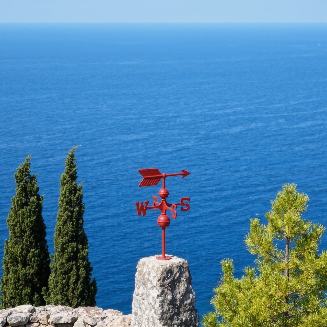 At a coastal overlook, a small red weather vane stands on a stone post. Exactly two dark-green pine trees line the left edge and one pale-green pine tree stands at the right edge; a blue sea fills the background, nothing else. — Kling v3 Omni