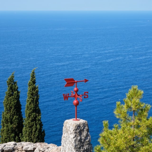 At a coastal overlook, a small red weather vane stands on a stone post. Exactly two dark-green pine trees line the left edge and one pale-green pine tree stands at the right edge; a blue sea fills the background, nothing else. — Model 10