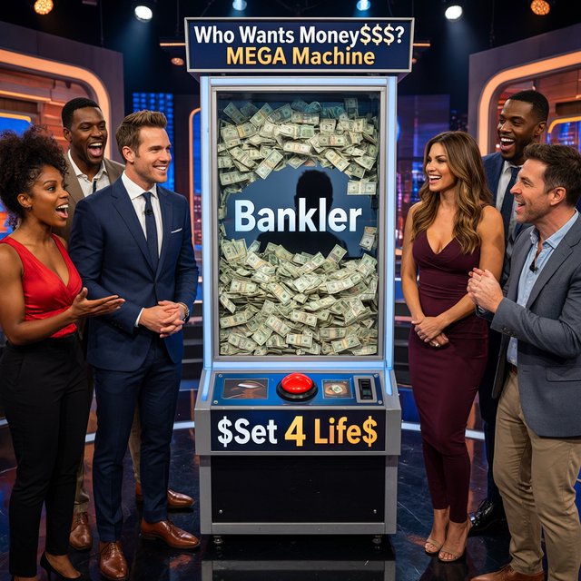 People on the set of a super mega game show called "Who Wants Money$$$?". There are at least six adults (three men and three women), all of different races, looking really excited. There is a big machine with a lot of cash inside. At the top of the machine it says "Who Wants Money$$$? MEGA Machine". In the middle of the machine it says "Banker", with the shadow of a man near the name. At the bottom of the machine it says "$Set 4 Life$", with a red button in the middle of the words. Near the machine are game hosts on both sides of it: a handsome man and a pretty woman. — Qwen Image 3.0 Pro