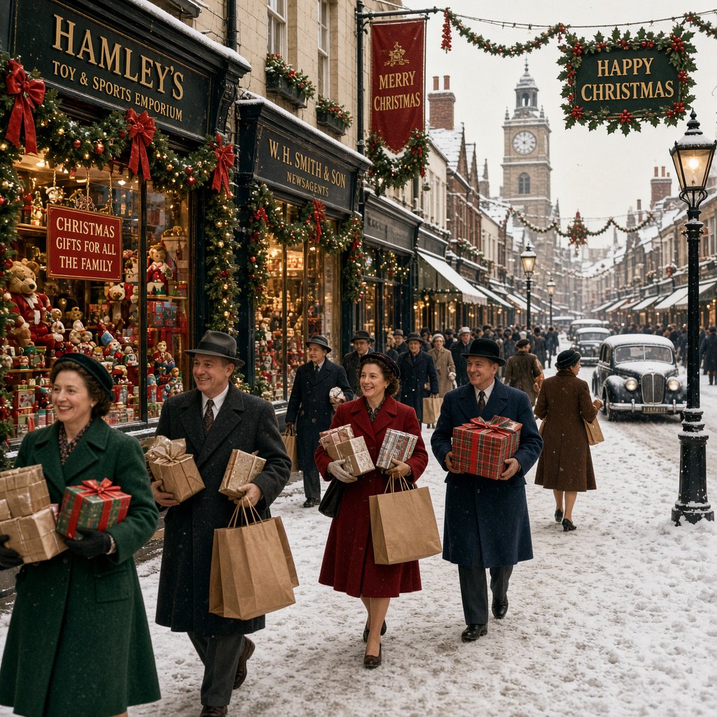 A UK High Street in the 1950s at Christmas time. The roads are covered in snow. The shop windows are decked out for Christmas and the happy adult shoppers are loaded up with gifts for loved ones. The mood is bright and Christmassy. — Grok Imagine Image 2