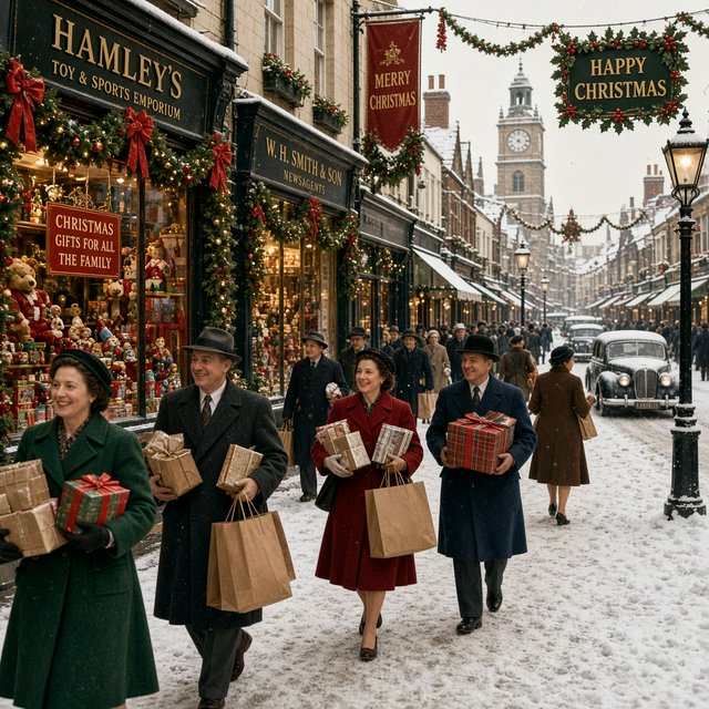 A UK High Street in the 1950s at Christmas time. The roads are covered in snow. The shop windows are decked out for Christmas and the happy adult shoppers are loaded up with gifts for loved ones. The mood is bright and Christmassy. — Model 5