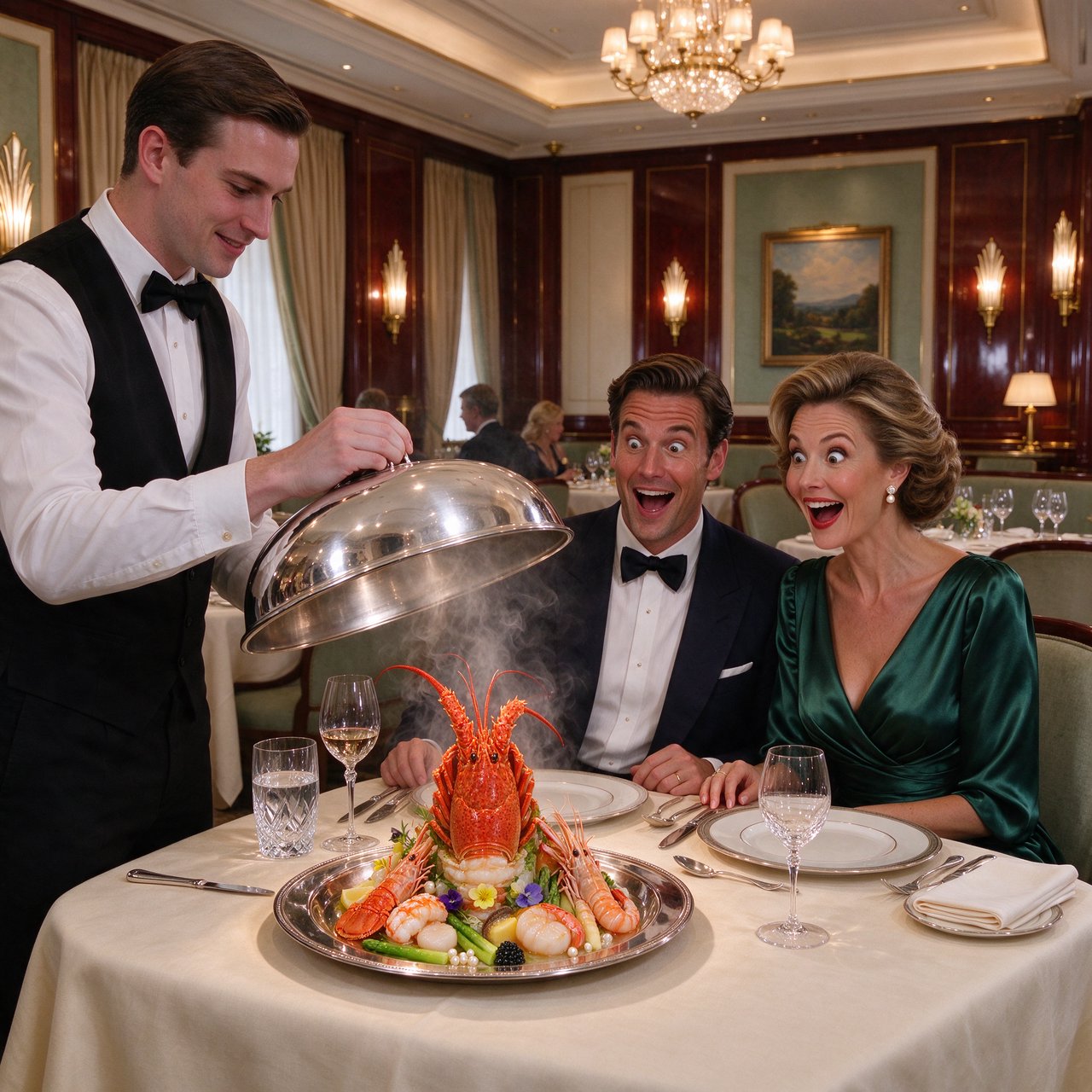 A very posh, well-lit 1990s restaurant with beautiful, tasteful decor. A husband and wife dine in a high-class restaurant. The waiter serves something very surprising as the main course! — Seedream 5.0 Flash