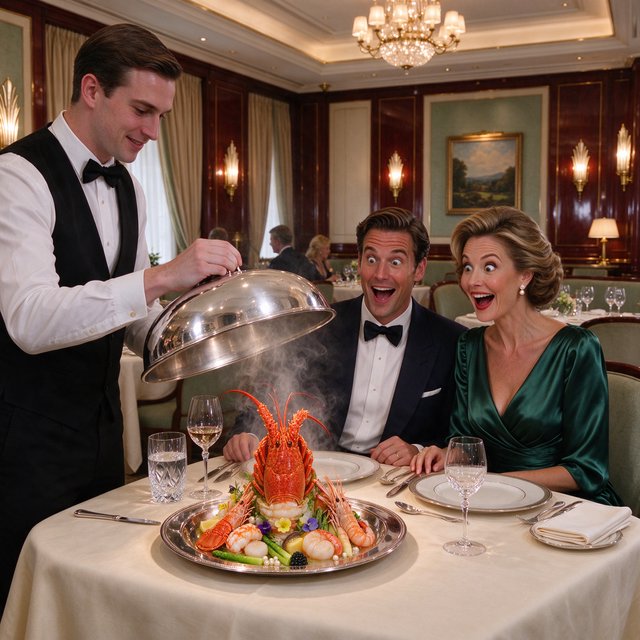A very posh, well-lit 1990s restaurant with beautiful, tasteful decor. A husband and wife dine in a high-class restaurant. The waiter serves something very surprising as the main course! — Seedream 5.0 Flash