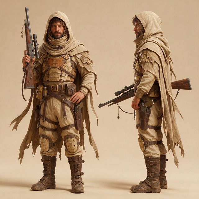 Character design sheet of a desert ranger in layered sand-coloured armour with a long rifle, front and side view, neutral background. — Seedream 5.0 Pro
