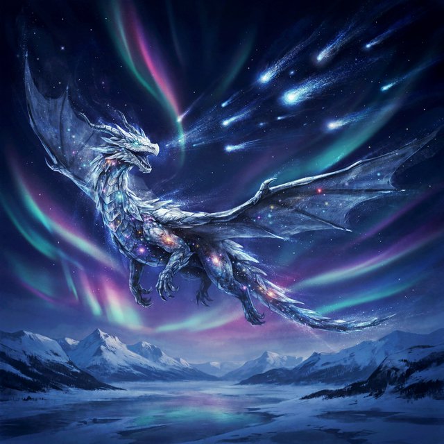 A majestic dragon made of pure starlight and frozen cosmic dust, soaring through a celestial winter landscape. Its scales shimmer with the light of a thousand galaxies, and its breath is a trail of icy comets. The background features swirling aurora borealis over a frozen, mountainous terrain. The style is a blend of painterly fantasy art and surrealism. — Ideogram v4.5