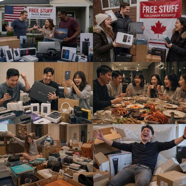 Realistic. Adults in the U.S., Canada, and Asia getting a ton of expensive free stuff (phones, PCs, nice food, and all kinds of other things). 4–6 panels. The adults react in the way one would expect as a result. — GPT Image 2
