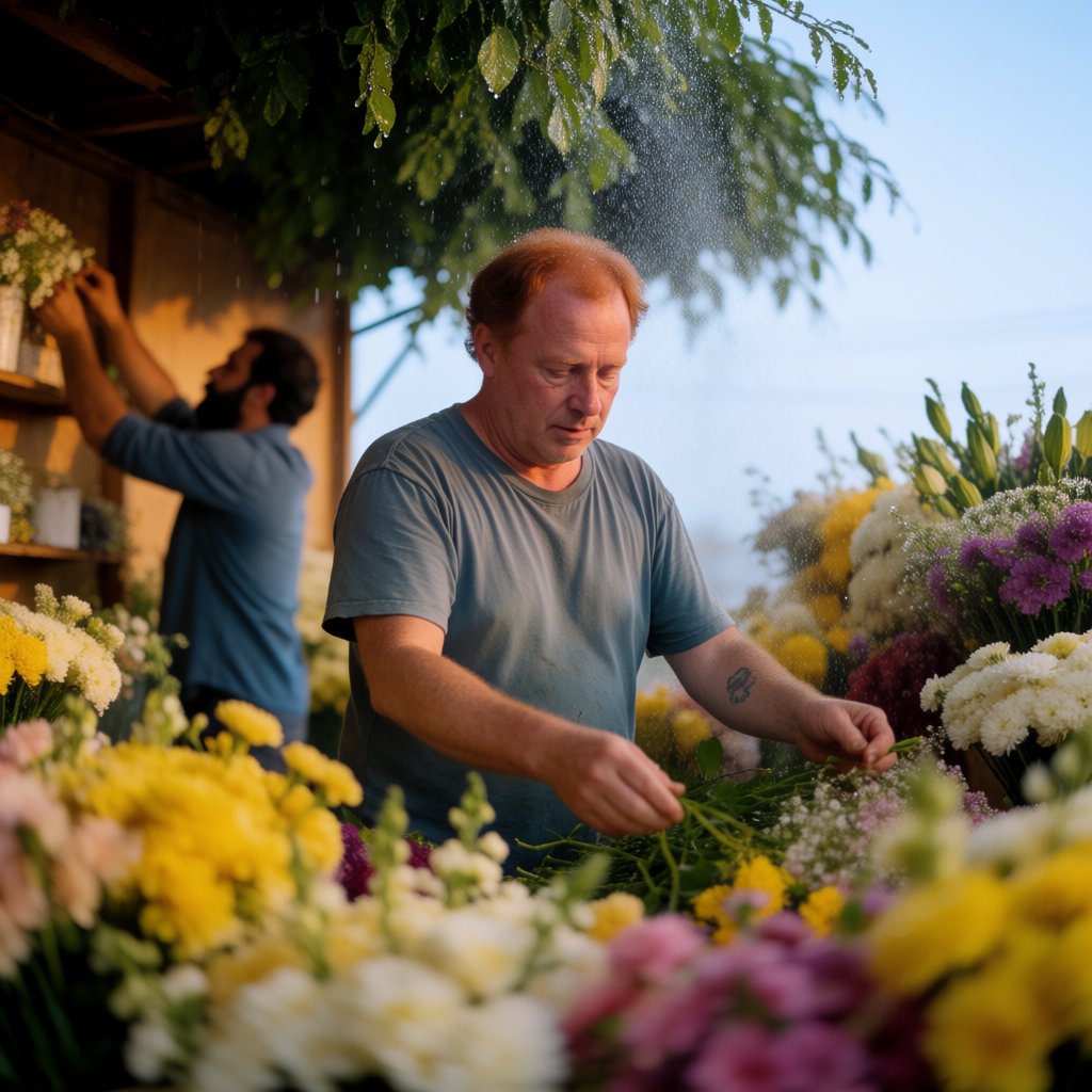 Candid documentary photograph of an adult florist arranging loose stems at an outdoor market stall, soft early-morning side light, 50mm lens with shallow depth of field, tiny water droplets beading on the cut leaves. — Krea 2 Medium