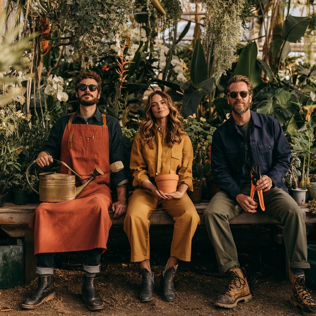 At a quiet greenhouse bench, exactly three adult botanists stand in a row: left wears a rust-red apron and holds a watering can, center wears a mustard shirt and holds a terracotta pot, right wears a navy jacket and holds pruning shears; nothing else. — Midjourney V8.2
