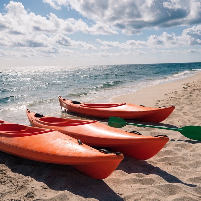 Exactly three orange kayaks rest on a sandy shore: two side by side in the foreground and one behind them near the water. A green paddle lies to the right of the kayaks, nothing else. — Recraft v4