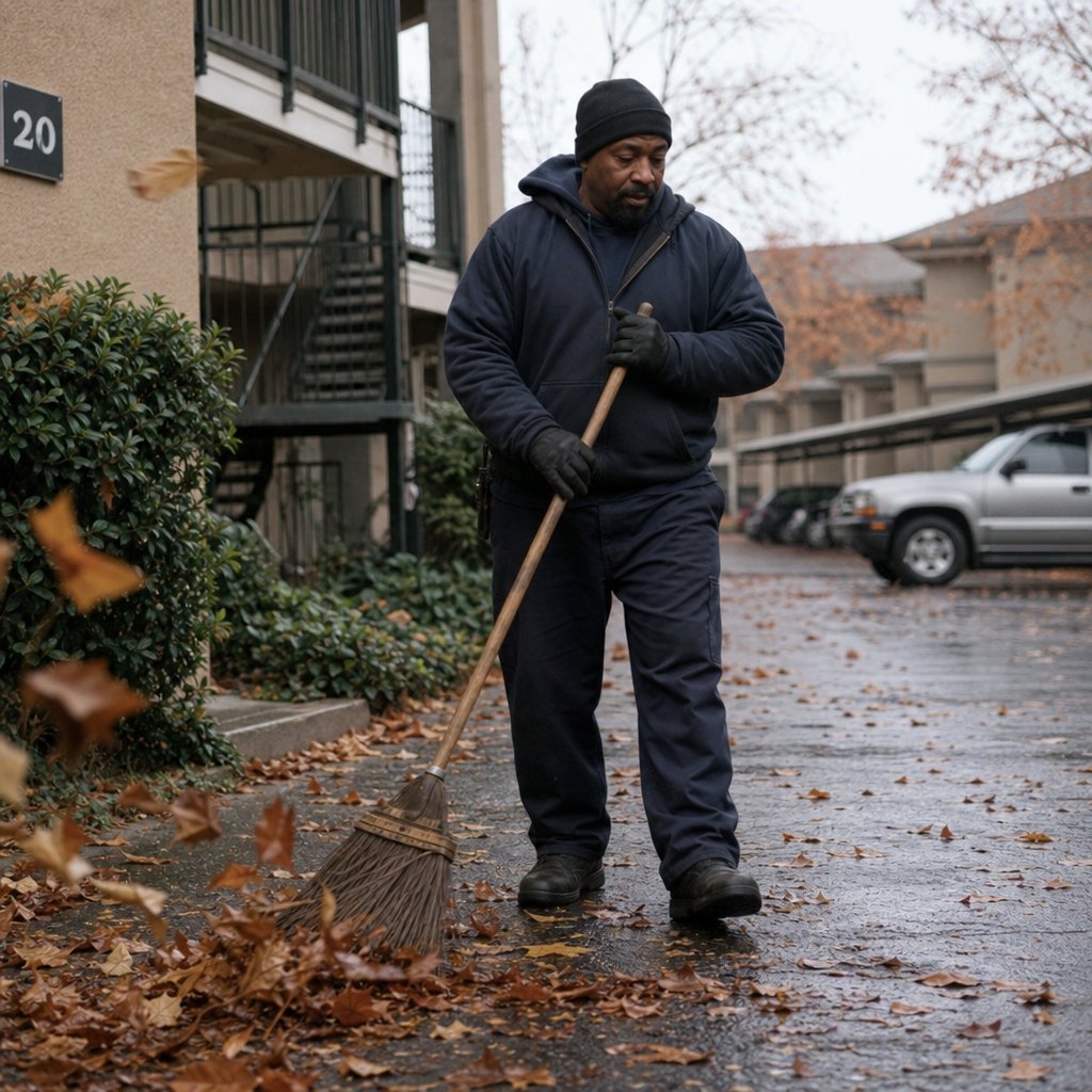 Candid documentary photograph of an adult groundskeeper sweeping damp leaves from an apartment courtyard, pale overcast morning light, 35mm lens with moderate depth of field, a few leaves caught midair in motion blur. — GPT Image 2