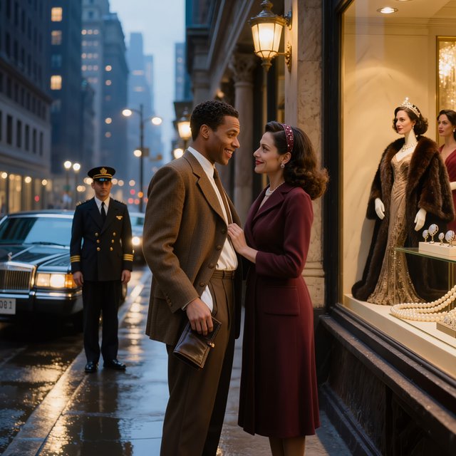 Cinematic city scene at night, with the glamour of 1970s soul romance. In the foreground, a young Black man in a modest brown wide-lapel suit smiles at his adult beloved, playfully turning out his empty trouser pocket while holding an almost-empty wallet. His adult girlfriend wears a burgundy patterned dress and delicate hairband; she holds his arm and gazes at him lovingly, unconcerned by his lack of money. Beside them, a grand department-store window glows amber, displaying a luxurious fur coat, regal evening gown, diamond rings and strings of pearls. In the glass, their reflections appear elegantly dressed, hinting at the lavish life he dreams of giving her. A polished black limousine waits at the curb beside a uniformed chauffeur. Wet pavement mirrors golden lights; deep blue city buildings balance the amber, cream and burgundy palette. Warm, joyful, sincere mood; realistic faces and hands, detailed fabrics and reflections. No text, borders or collage. — Kling v3