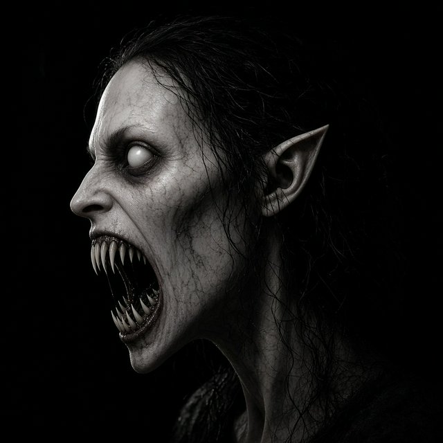 A creepy woman in side profile. Focus on the head with a slightly alien figure. Pale skin. No irises in the eyes. Mouth is open wide with very sharp, long razor teeth. Black background. Chiaroscuro effect. — Grok Imagine Image 2