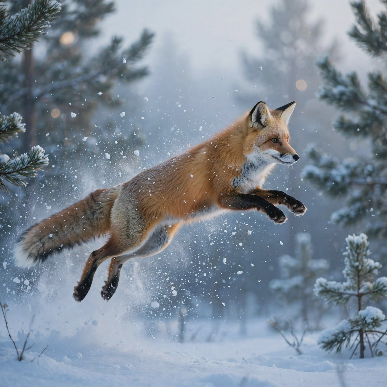 A red fox springs through powdery snow at the edge of a pine forest, ears forward and paws suspended. A real-world wildlife telephoto photograph in pale dawn light, 300mm lens, with snow crystals frozen midair. — Muse Image 1.0