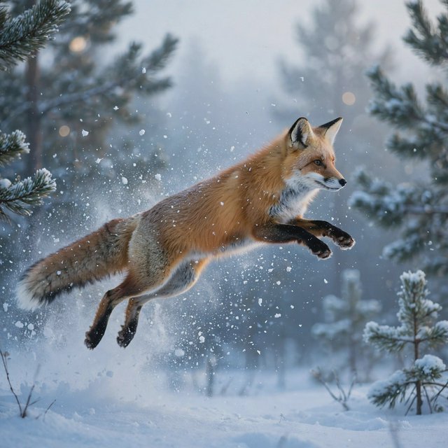 A red fox springs through powdery snow at the edge of a pine forest, ears forward and paws suspended. A real-world wildlife telephoto photograph in pale dawn light, 300mm lens, with snow crystals frozen midair. — Model 14