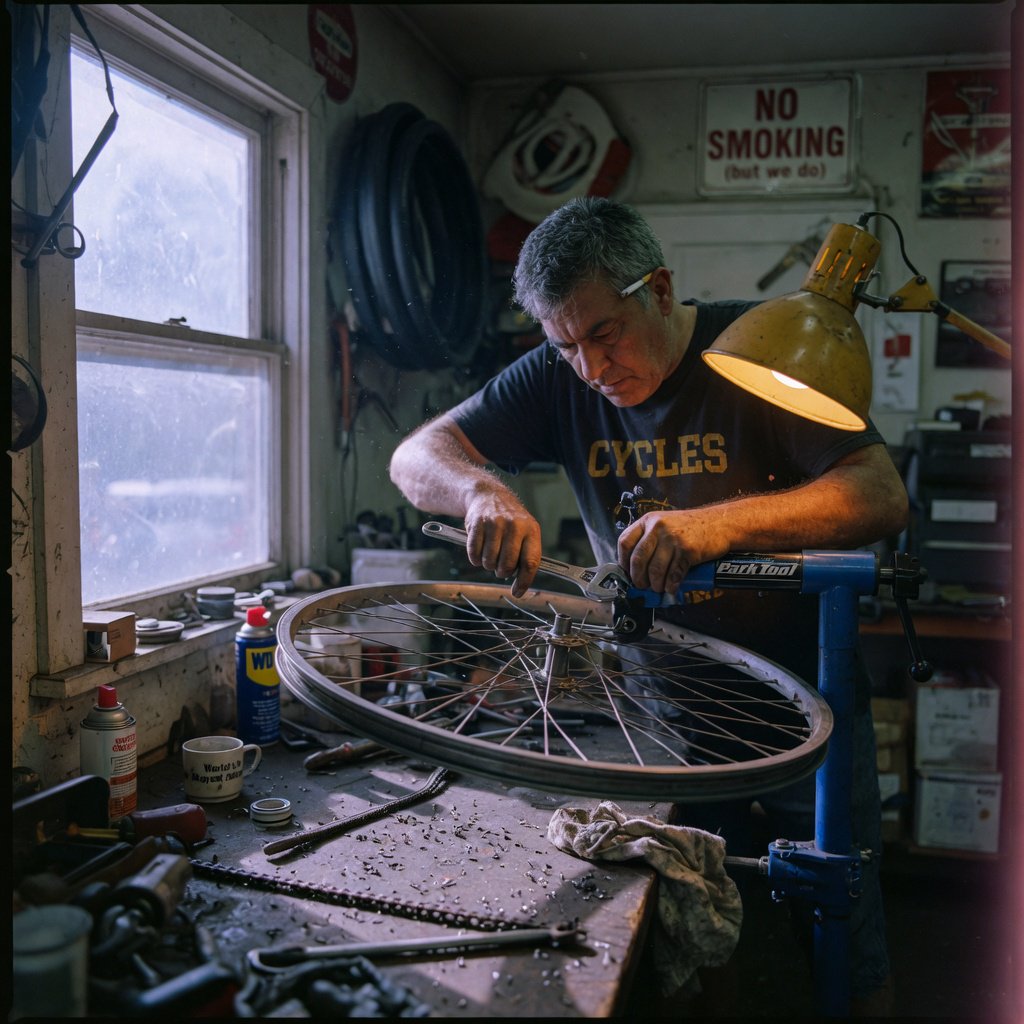 Candid documentary photograph of an adult bicycle mechanic tightening a wheel in a modest repair shop, cool window light mixing with a warm work lamp, 35mm lens with moderate depth of field, fine metal filings caught on the workbench. — Grok Imagine Image Quality