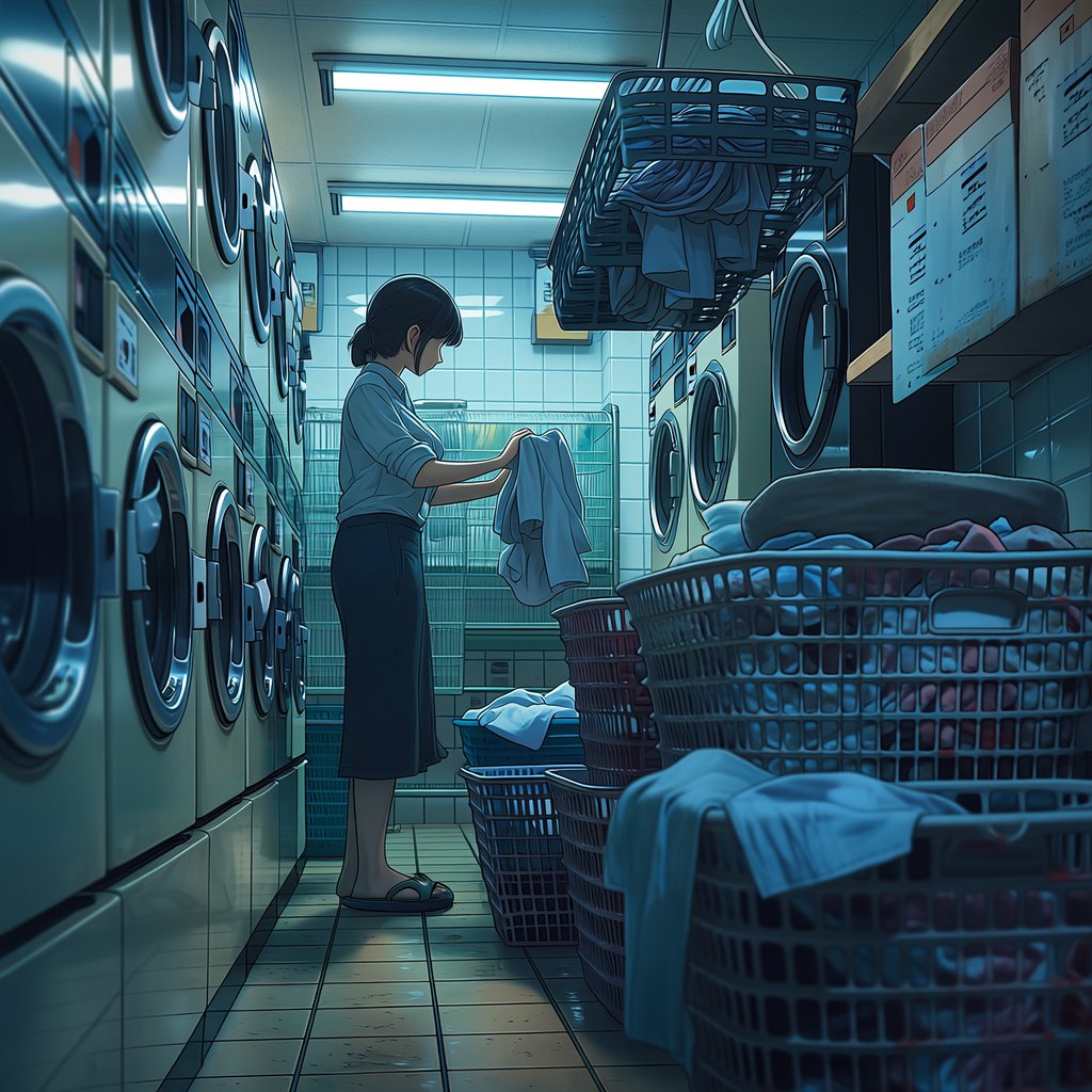 Candid documentary photograph of an adult woman sorting clothes in a self-service laundromat, cool fluorescent light, 35mm lens with moderate depth of field, loose lint suspended above a tumbling machine, worn baskets and tiled walls rendered naturally. — Midjourney Niji 7