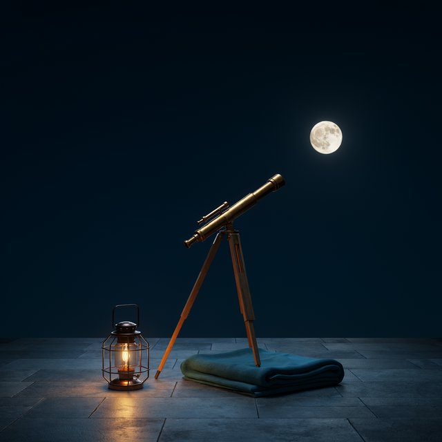 On a slate rooftop, exactly one brass telescope points east; one amber lantern sits to its left, one folded teal blanket lies beneath the tripod, and one pale moon hangs behind it in the clear sky, nothing else. — Model 8