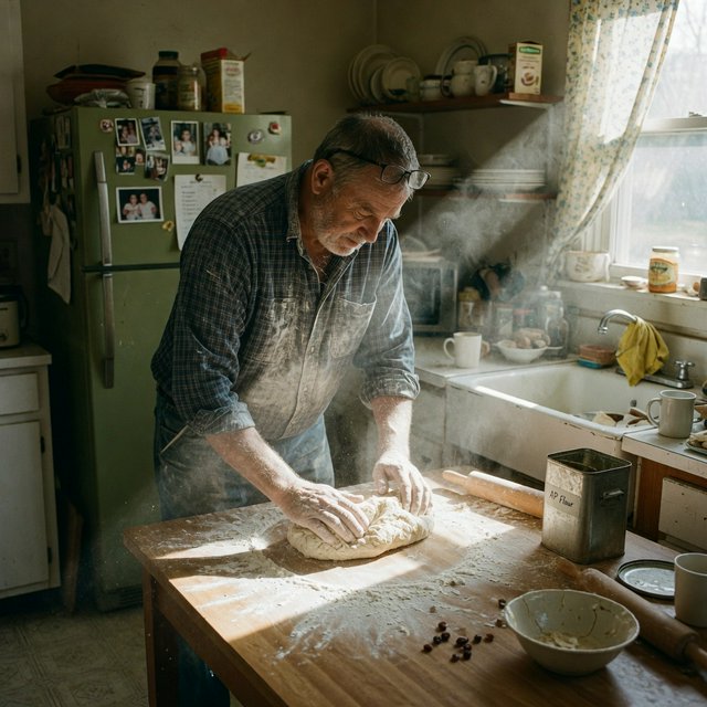 Documentary photo of a home kitchen mid-morning, flour dust in a shaft of window light, an older man kneading dough, natural light only. — Grok Imagine Image Quality