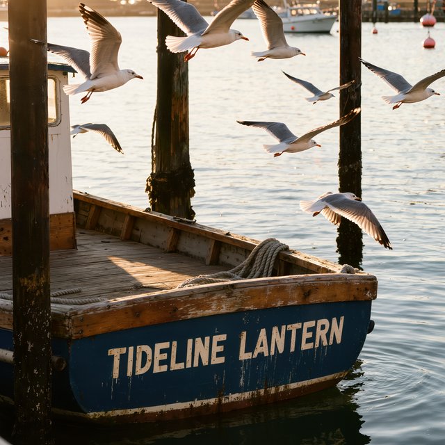 At a quiet harbor, a weathered wooden ferry rests beside slick pilings, ropes coiled on deck as gulls wheel overhead; "TIDELINE LANTERN" is painted in faded ivory letters along the blue hull. — Kling v3