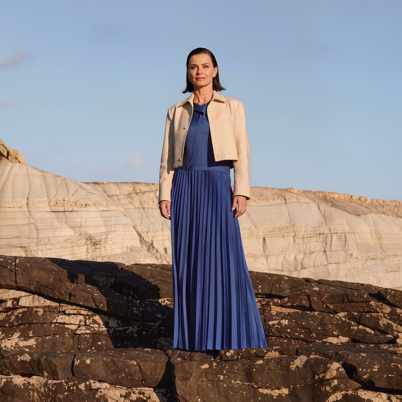 Across a basalt terrace, an adult woman in her early forties poses in a full-length fashion photograph, wearing a pleated indigo silk dress and cropped linen jacket, her composed half-smile lit by hard afternoon sunlight from one side against a pale limestone ridge. — Kling v3