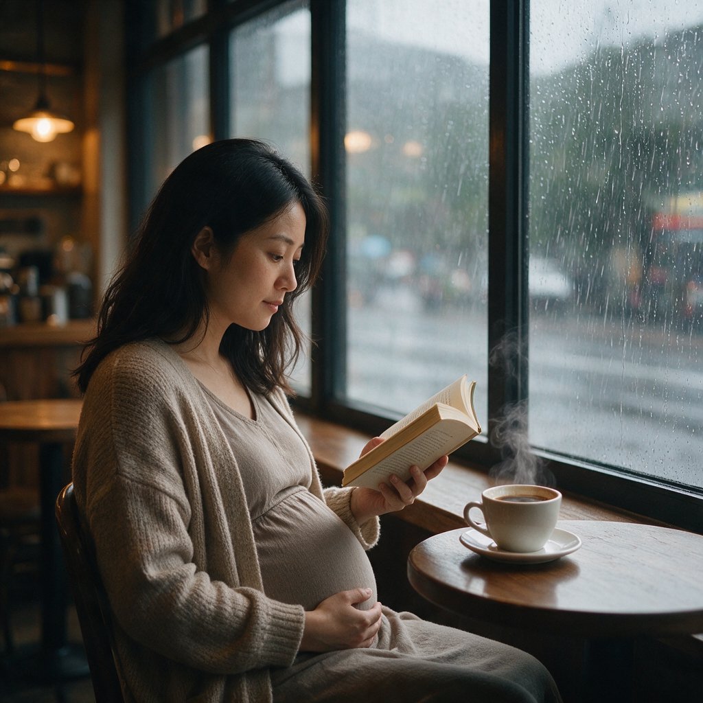 Photorealistic cinematic scene of a pregnant Chinese woman sitting in a cozy café by the window, reading a book. She appears calm, gentle, and thoughtful, with one hand resting naturally near her belly. On the table beside her is a cup of coffee, softly steaming. Outside the large window, heavy rain pours down, with streaks of water on the glass and a blurred rainy street beyond. The café interior is warm and inviting, with soft ambient lighting, wooden textures, and a peaceful atmosphere that contrasts with the storm outside. The composition should feel intimate, emotional, and serene, with the woman as the clear focal point. — Seedream 5.0 Pro