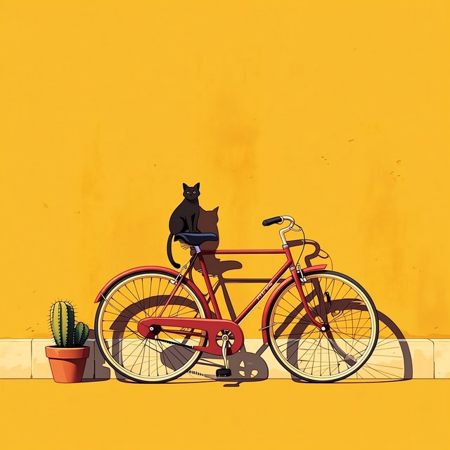 A red bicycle leaning against a yellow wall, a black cat sitting on the bicycle's saddle, a small potted cactus to the left of the bicycle. — Midjourney Niji 7