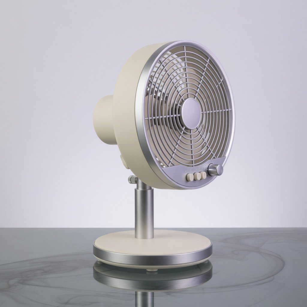 Commercial product photograph of an unbranded desktop fan made from brushed aluminum and matte ivory polymer, resting on a smoked glass surface against a pale gray background, illuminated by broad diffused studio light and a soft rear rim light. — Grok Imagine Image Quality