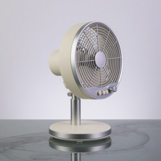 Commercial product photograph of an unbranded desktop fan made from brushed aluminum and matte ivory polymer, resting on a smoked glass surface against a pale gray background, illuminated by broad diffused studio light and a soft rear rim light. — Grok Imagine Image Quality