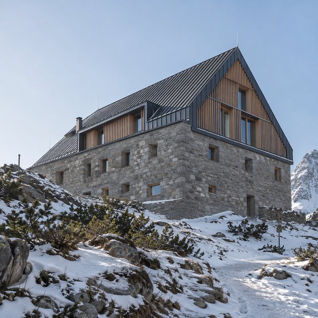 Exterior of a contemporary alpine research lodge in restrained regional modernism, rough granite walls, larch screens, steep standing-seam roof, crisp snow-bright morning light, viewed from below across a mountain footpath, sound structural geometry. — GPT Image 2.5 Sunburst