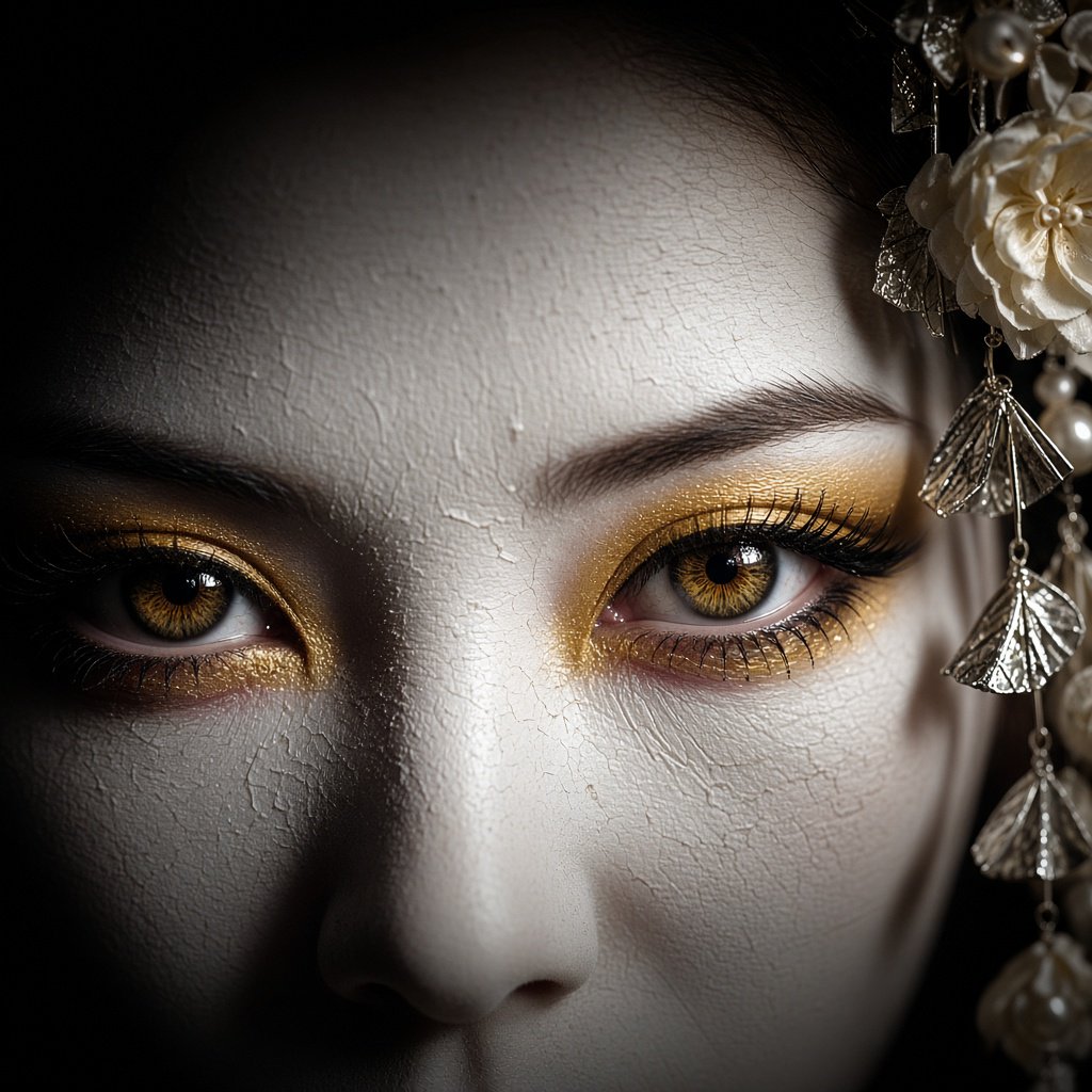 Extreme close-up macro photography of a Geisha's face. The focus is on her eyes, revealing intense emotion and hyper-realistic detail. Her skin is covered in traditional white 'Oshiroi' makeup, showing subtle, realistic cracking and skin texture. Dramatic Chiaroscuro lighting with deep shadows and a single soft light source highlighting the shimmer in her golden eyeshadow and the wetness of her eyes. Ornate kanzashi (hair ornaments) visible in the blurred periphery with intricate silk flowers and dangling silver petals. Cinematic composition, shot on 100mm macro lens, incredibly detailed eyelashes and iris patterns. — Grok Imagine Image 2