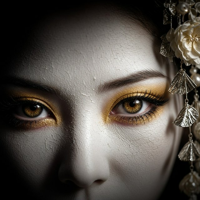 Extreme close-up macro photography of a Geisha's face. The focus is on her eyes, revealing intense emotion and hyper-realistic detail. Her skin is covered in traditional white 'Oshiroi' makeup, showing subtle, realistic cracking and skin texture. Dramatic Chiaroscuro lighting with deep shadows and a single soft light source highlighting the shimmer in her golden eyeshadow and the wetness of her eyes. Ornate kanzashi (hair ornaments) visible in the blurred periphery with intricate silk flowers and dangling silver petals. Cinematic composition, shot on 100mm macro lens, incredibly detailed eyelashes and iris patterns. — Model 5