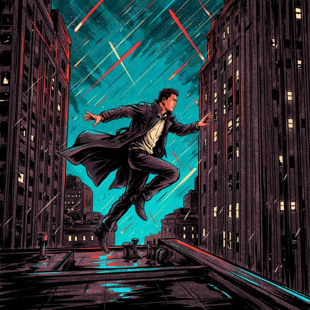 An adult rooftop courier vaults between rain-dark towers, coat snapping as signal flares streak behind; bold ink comic-panel illustration with dense halftone shadows, palette of electric cyan, vermilion, charcoal, and cream, no speech bubbles. — Ideogram v4.5