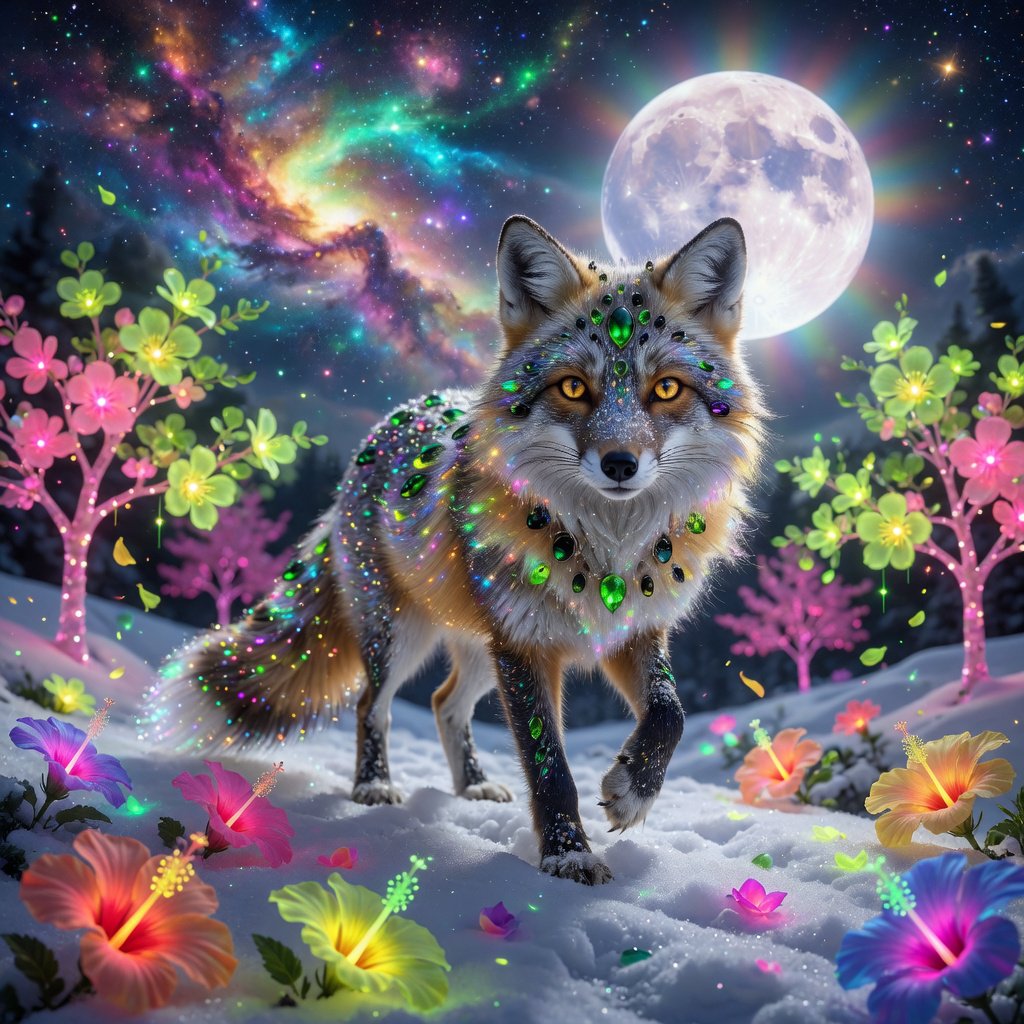 A fantasy still photography image of a majestic silver and gold fox, its fur coat features a breathtaking fiber-optic rainbow-glitter that shimmers with dense prismatic sparkles shifting vibrantly under the ethereal moonlight, the fox features deep silver undertones across its thick coat and is perched proudly in a front-facing posture, its fur is intricately adorned with embedded polished peridot and shimmering onyx that catch the glowing light, it is walking in an enchanted snow filled landscape filled with multicolored bioluminescent hibiscus flowers blooming in radiant neon shades and blooming pink bioluminescent trees with glowing green blossoms, the background features a dramatic full moon and a vibrant multicolored starry sky filled with multicolored swirling galaxy, a soft ethereal glow illuminates the fox's commanding silhouette, razor-sharp focus on its piercing golden eyes, magical realism style, fantasy art. — Grok Imagine Image Quality