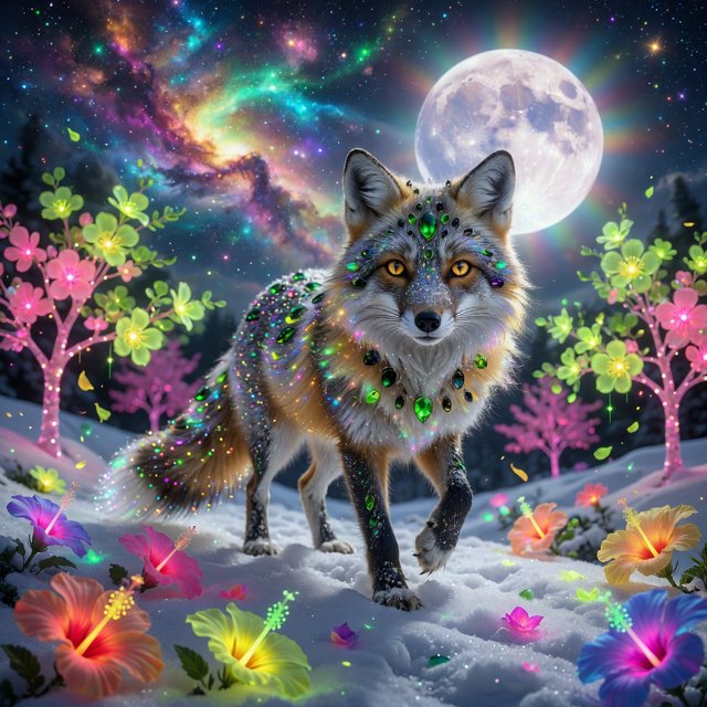 A fantasy still photography image of a majestic silver and gold fox, its fur coat features a breathtaking fiber-optic rainbow-glitter that shimmers with dense prismatic sparkles shifting vibrantly under the ethereal moonlight, the fox features deep silver undertones across its thick coat and is perched proudly in a front-facing posture, its fur is intricately adorned with embedded polished peridot and shimmering onyx that catch the glowing light, it is walking in an enchanted snow filled landscape filled with multicolored bioluminescent hibiscus flowers blooming in radiant neon shades and blooming pink bioluminescent trees with glowing green blossoms, the background features a dramatic full moon and a vibrant multicolored starry sky filled with multicolored swirling galaxy, a soft ethereal glow illuminates the fox's commanding silhouette, razor-sharp focus on its piercing golden eyes, magical realism style, fantasy art. — Grok Imagine Image Quality