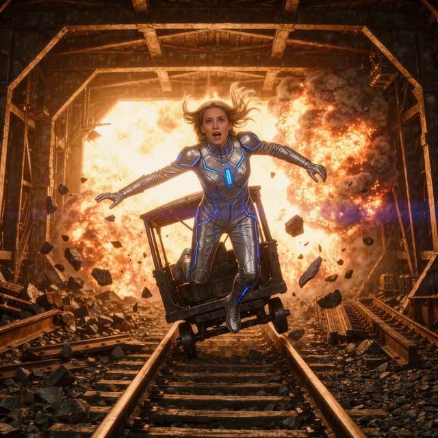 Collapsing mine, woman in a futuristic outfit, in a runaway mine cart. The cart is moving towards the foreground. Behind her cart, there was a huge explosion in the mine. The impact of the explosion is so great that it has knocked the cart off the tracks and sent the rider flying. Angle the empty cart, which is in the process of shattering, close to the woman. Focus the image on the female rider who has flown off the cart. Ensure her features are photorealistic. Make the scene photorealistic, explosive, and exciting as if it is from an action-packed movie. — Kling v3 Omni