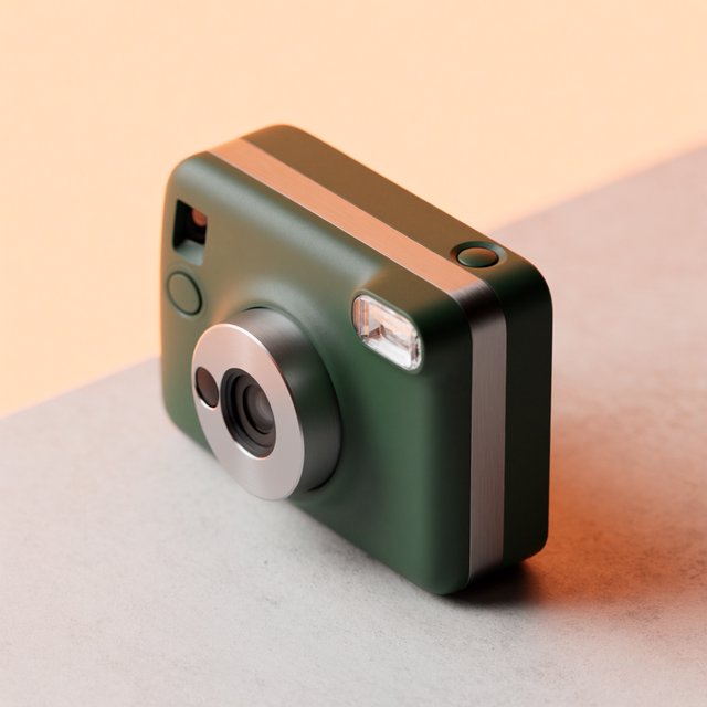 Commercial product photograph of an unbranded compact instant camera in matte forest-green polymer with brushed steel details, resting on a pale concrete surface against a warm peach background, illuminated by broad diffused studio light and a soft rim light. — Krea 2 Medium