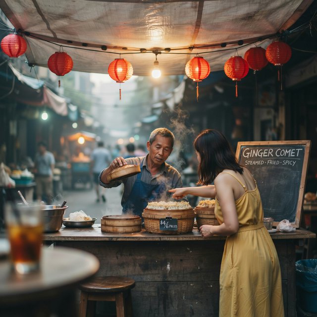 Steam curls above baskets of dumplings at a lively night-market stall, lantern light warming its canvas canopy; "GINGER COMET" is chalked in bold white letters on a blackboard beside the serving counter. — Ideogram v4