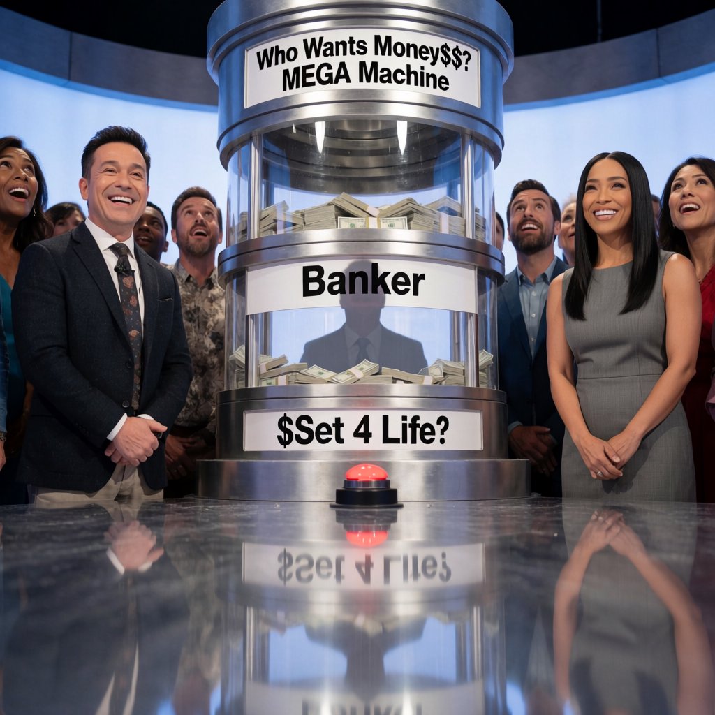 People on the set of a super mega game show called "Who Wants Money$$$?". There are at least six adults (three men and three women), all of different races, looking really excited. There is a big machine with a lot of cash inside. At the top of the machine it says "Who Wants Money$$$? MEGA Machine". In the middle of the machine it says "Banker", with the shadow of a man near the name. At the bottom of the machine it says "$Set 4 Life$", with a red button in the middle of the words. Near the machine are game hosts on both sides of it: a handsome man and a pretty woman. — Krea 2 Medium