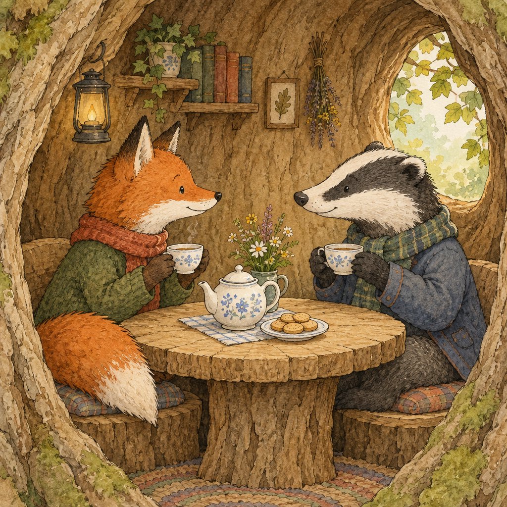 Children's book illustration of a fox and a badger sharing tea in a hollow tree, watercolour and ink, warm and gentle. — GPT Image 2.5 Flare