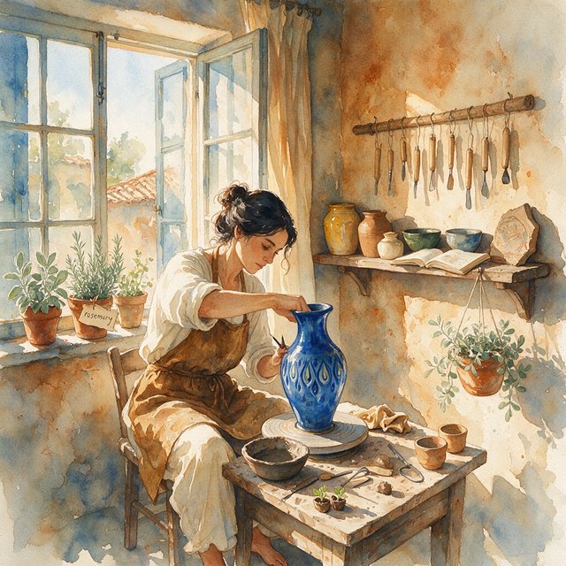 Watercolour illustration of an adult ceramicist shaping a luminous blue vessel beside an open workshop window, surrounded by clay tools, potted herbs, and sunlit terracotta walls. Palette of cobalt, ochre, sage, and cream, with soft flowing brushwork. — Seedream 5.0 Pro