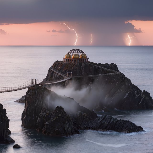 A wind-carved observatory crowns black cliffs above a silver inland sea, its open brass domes catching the last rose light. Salt mist drifts through suspended bridges as distant storms flicker beyond the horizon. — Kling v3