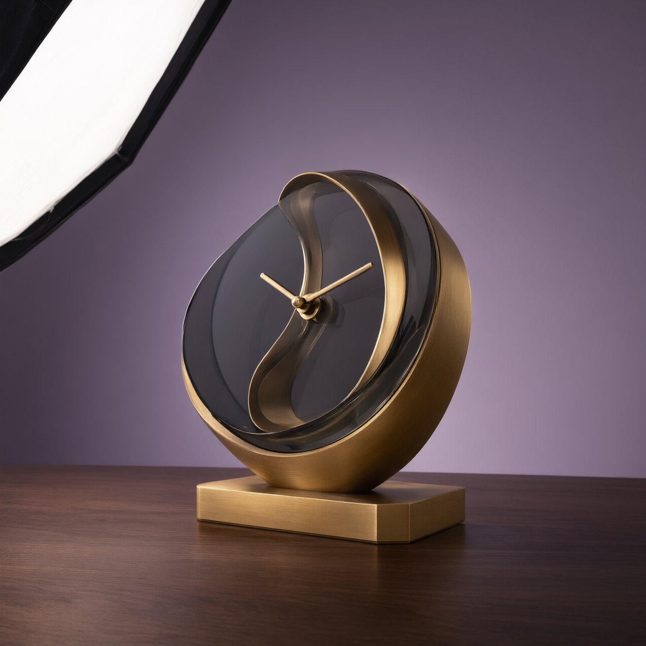 Commercial product photograph of an unbranded sculptural table clock made from satin brass and smoked glass, resting on a dark walnut surface against a muted lavender background, illuminated by a large diffused softbox from the upper left and a subtle rear rim light. — Qwen Image 3.0
