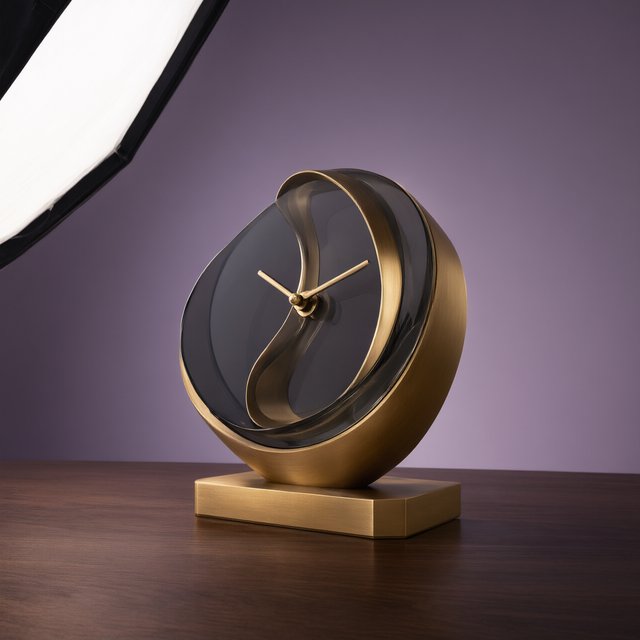 Commercial product photograph of an unbranded sculptural table clock made from satin brass and smoked glass, resting on a dark walnut surface against a muted lavender background, illuminated by a large diffused softbox from the upper left and a subtle rear rim light. — Qwen Image 3.0